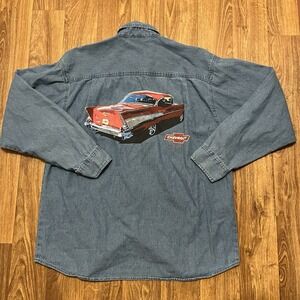 Vintage Chevrolet Shirt‎ Adult Large Denim Blue Jean 57 Bel Air Long Sleeve 90s